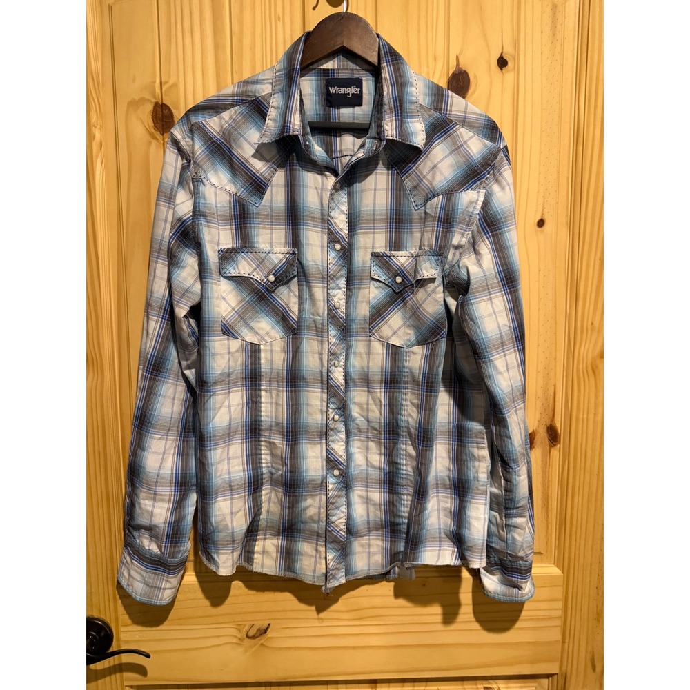 Wrangler Mens Blue Plaid Long Sleeve Pearl Snap Western Shirt MVG277M Large